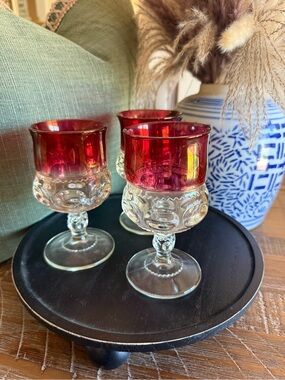 Set of 3 Kings Crown glasses. Cranberry with gold hues.